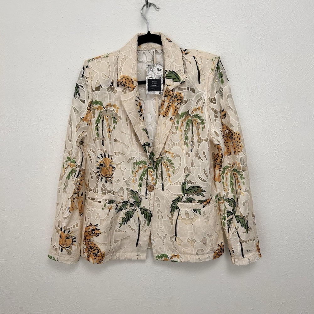 Bishop Street Beige Lace Blazer Floral Cheetah Art To Wear Unique M Rare Artsy